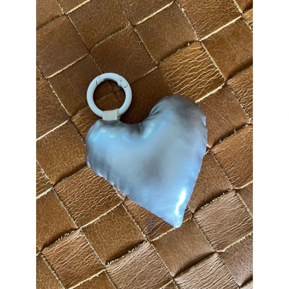 Metallic Silver Puffy Heart Bag Charm Keychain with White Carabiner Clip